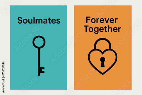 Soulmates Banners Design. Soulmates. Two vertical A6 banners, minimal, turquoise and orange backgrounds, matching key and heart lock with clean lines, first