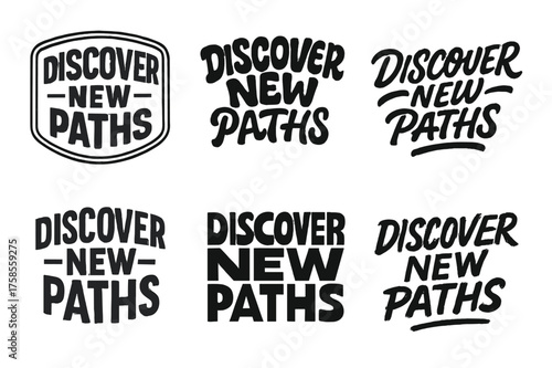 Diverse Lettering Styles. Discover new paths. Set lettering. harmonious lettering variations of the same emblematic concept, each with different artistic