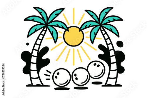 Tropical Palm Arch. Coconut palms horizon. Two palms forming a natural arch, coconuts rolling between them, abstract sunrays spreading outward. Minimalist