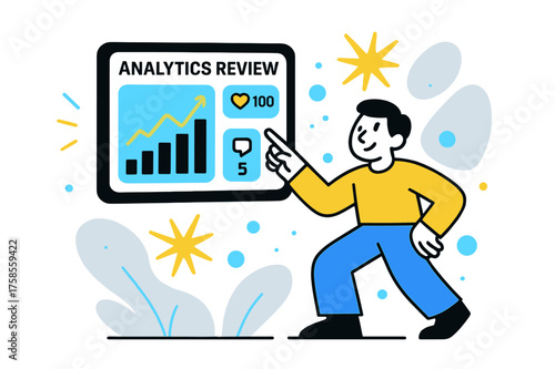 Dynamic Analytics Visualization. Analytics review. A glowing dashboard with charts, likes, and comments displayed, a character pointing to rising bars,