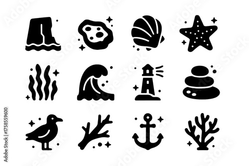 Coastal Rock Icons. Coastal Rocks. Solid icons set of Coastal Rocks: sea cliff, tide pool, seashell, starfish, seaweed, crashing wave, lighthouse, pebble