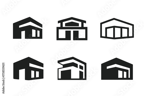 Modern Architecture Logos. Flat roof. Set Logo of Architecture: modern home elevation icon. harmonious logo variations of the same emblematic concept, each