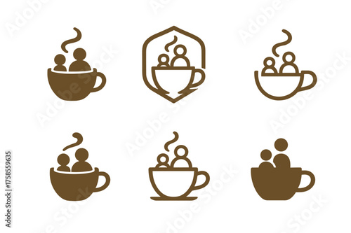 Family Brunch Logos. Family hosting Sunday brunches for grandparents. Set Logo of Family brunch: coffee cup with steam. harmonious logo variations of the same
