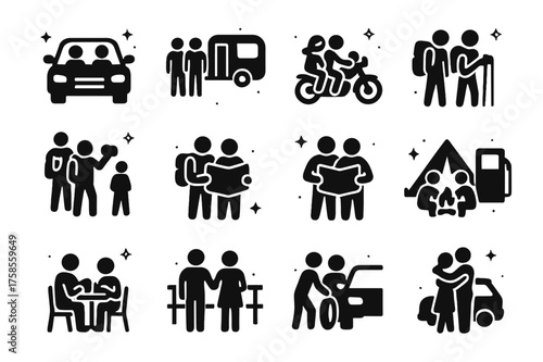 Couples on Road Trips. Couples on road trips. Solid icons set of couple in car, couple with caravan, couple riding motorcycle, couple with backpacks, couple