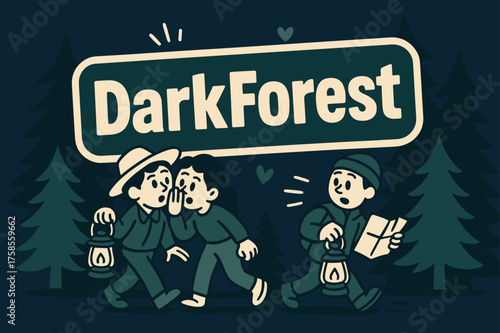 Magical Forest Adventure. DarkForest banner, flat vector illustration, bold oversized text inside sticker outline shape, cartoon characters whispering and