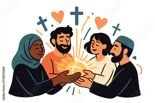 Spiritual Unity Scene. Spiritual unity. Diverse group of believers holding glowing communion bread together, radiant light connecting their hands. Floating