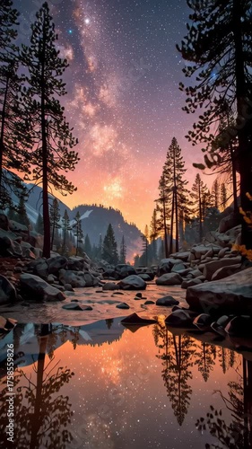 Serene Lake Reflected Under a Starry Sky During Sunset