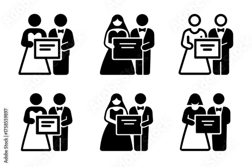 Wedding Logo Variations. Couple holding wedding certificates. Set Logo of Celebration: bride and groom icon. harmonious logo variations of the same emblematic