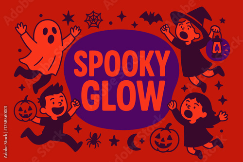 SpookyGlow Banner. SpookyGlow banner, flat vector illustration, bold oversized text inside rounded blob, cartoon characters jumping and shouting around banner,