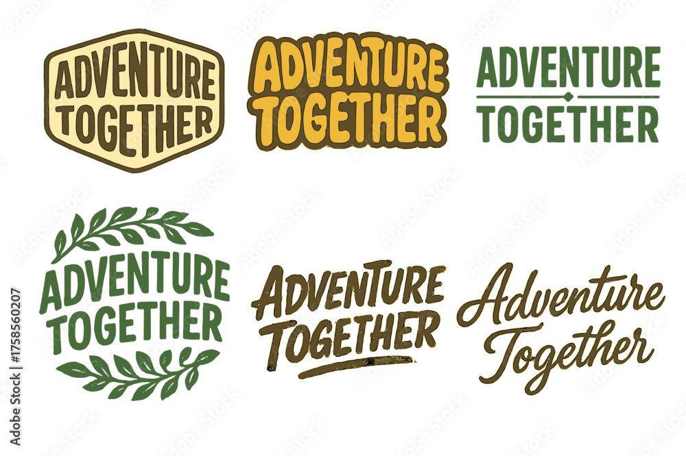 Obraz premium Adventure Lettering Styles. Adventure together. Set lettering. harmonious lettering variations of the same emblematic concept, each with different artistic