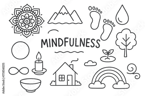Mindfulness Doodle Mandala. Mindfulness. Hand-drawn doodle illustration mindfulness mandala, mountain, water drop, footprints, candle holder, circle, tree,