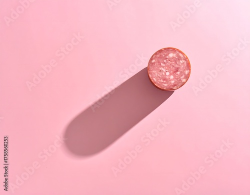 Single slice of salami sausage casting a long shadow on a solid pink background.