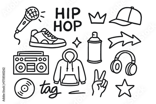 Hip Hop Essentials. Hip hop. Hand-drawn doodle illustration hip hop microphone, boom box, cap, sneaker, spray can, graffiti arrow, crown, hoodie, headphones,