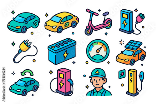 Electric Mobility Icons. Electric mobility. Colorful isometric vector icons set of electric mobility: electric car, hybrid vehicle, scooter, charging station,