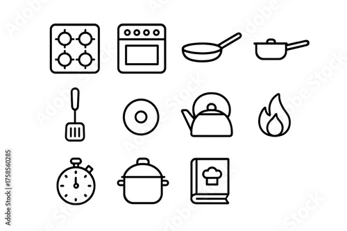 Range Cooking Icons. Range cooking. Line icon set of range cooking: gas stove, oven, frying pan, saucepan, spatula, pot lid, kettle, flame, timer, recipe book.