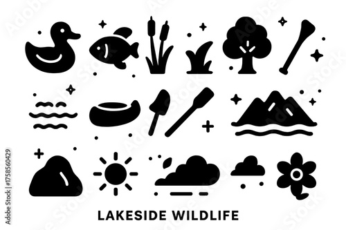 Lakeside Wildlife Icons. Lakeside Wildlife. Solid icons set of Lakeside Wildlife: Duck, Fish, Reeds, Tree, Lake, Canoe, Paddle, Mountain, Rock, Sun, Cloud,