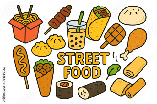 Vibrant Street Food Icons. Street Food. Colorful Hand-drawn doodle Children illustration Street Food noodles box, kebab skewer, burrito, dumplings, bubble tea,