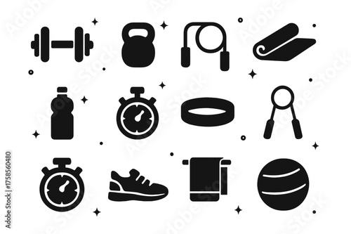 Fitness Icon Set. Fitness & Training. Solid icons set of Fitness & Training: Dumbbell, Kettlebell, Jump Rope, Mat, Water Bottle, Stopwatch, Headband,