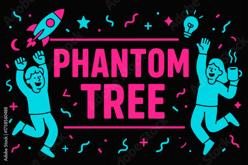 Phantom Tree Celebration. Phantom Tree banner, flat vector illustration, bold oversized text inside rectangular frame, cartoon characters jumping and waving,