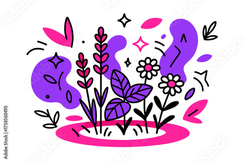 Herbal Garden Serenity. Calm garden. A glowing patch of herbs with lavender, mint, and chamomile, abstract floating stars and leaves showing a soothing natural