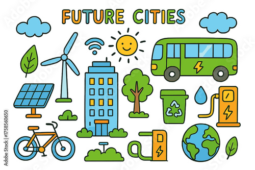 Futuristic Eco-Cityscape. Future Cities. Colorful Hand-drawn doodle Children illustration smart building, solar panel, wind turbine, electric bus, bicycle,