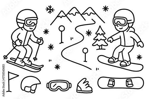 Skiing Adventure Doodle. Skiing or Snowboarding Down a Snowy Mountain Slope. Hand-drawn doodle illustration skiing or snowboarding down a snowy mountain slope