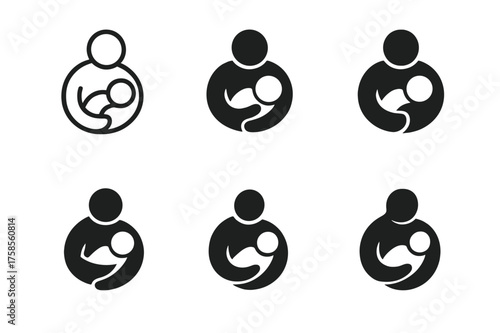 Family Emblem Variations. Peaceful feeding moment. Set Logo of Family: caring parent icon. harmonious logo variations of the same emblematic concept, each with