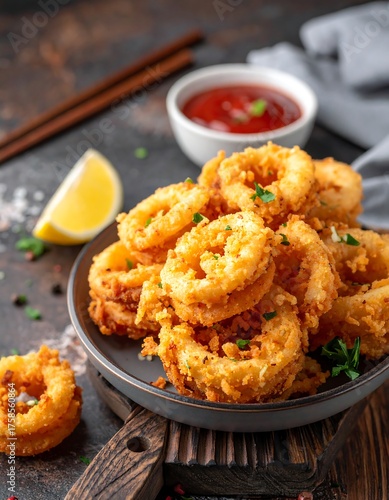 Golden-fried rings of seafood sit on a plate, alongside dipping sauce and a lemon wedge. Wooden chopsticks are present