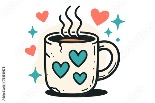 Cozy Memory Mug. Old favorite mug. A worn chipped mug glowing warmly with steam rising, abstract hearts and sparkles floating to symbolize comfort