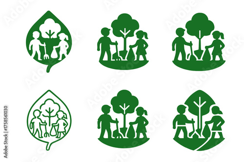 Sustainable Kids Logos. Children engaging in environmental conservation activities. Set Logo of Sustainability: kids cleaning park icon. harmonious logo