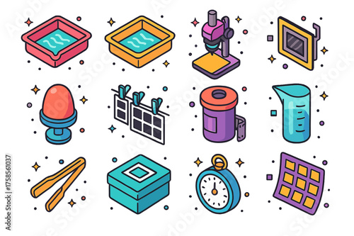 Darkroom Tools Icons. Darkroom process. Colorful isometric vector icons set of darkroom process: developer tray, fixer tray, enlarger, negative carrier,