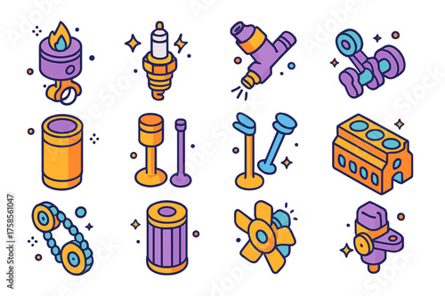 Colorful Engine Components. Internal combustion. Colorful isometric vector icons set of internal combustion: piston moving, spark plug firing, fuel injector,
