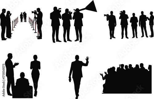 Media Event Silhouettes Vector Set of Photographers, Celebrities, Public Gatherings, Press Conference, Red Carpet, Audience, and Social Interaction