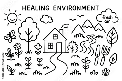 Peaceful Healing Nature. Healing environment. Hand-drawn doodle illustration healing environment house, tree, plants, sunlight, fresh air cloud, flowing river,