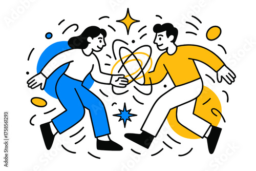 Cosmic Connection. Magnetic pull. Two figures being drawn together by glowing orbits, abstract shapes circling around like gravitational energy,