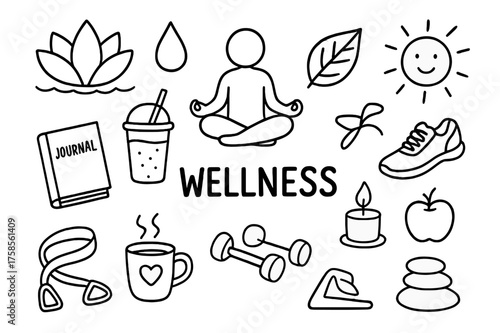 Wellness Doodle Elements. Wellness. Hand-drawn doodle illustration wellness lotus flower, water droplet, smoothie cup, yoga pose, leaf, sun, journal, candle,