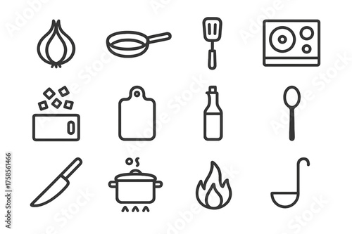 Cooking Icon Set. Cooking process. Line icon set of Cooking process: onion, pan, spatula, stove, diced vegetables, chopping board, oil bottle, spoon, knife,