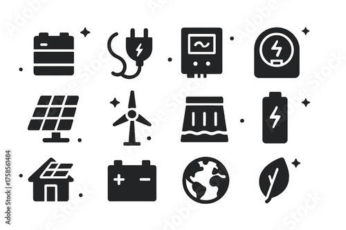 Energy Storage Icons. Energy storage. Solid icons set of Energy storage: battery pack, charging plug, inverter, smart meter, solar panel, wind turbine, hydro