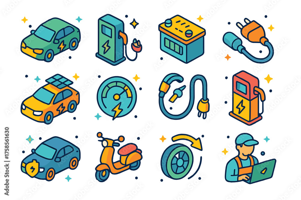 Naklejka premium Electric Vehicle Icons. Electric vehicles. Colorful isometric vector icons set of electric vehicles: electric car, charging station, battery pack, plug-in