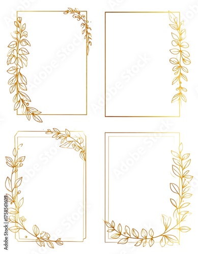 Four elegant golden rectangular frames with intricate plant-like vine embellishments on a white background
