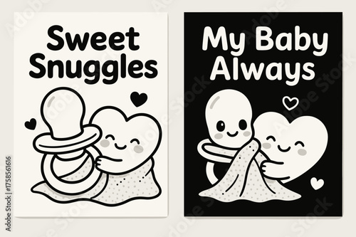 Sweet Snuggles Banners. Sweet Snuggles. Two vertical A6 banners, kawaii, black and white backgrounds, cute pacifier and heart characters hugging a blanket,