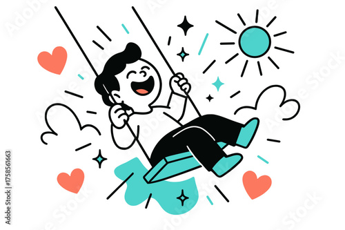 Carefree Swinging Joy. Swinging laughter. A child leaning back on a glowing swing with abstract hearts, sun rays, and sparkles floating around to show carefree