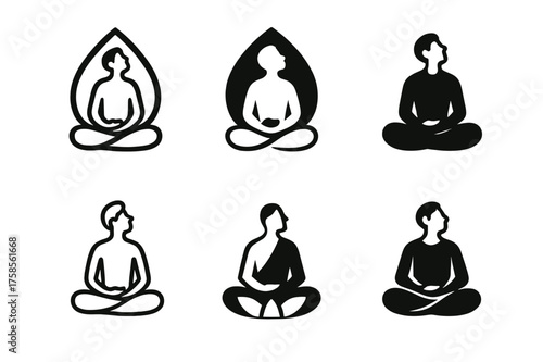 Meditative Logo Variations. A person with a thoughtful expression, looking up as if contemplating their thoughts. Set Logo of Emotion: meditation-like pose