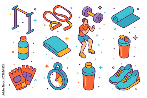 Home Workout Essentials. Home workout. Colorful isometric vector icons set of home workout: pull-up bar, resistance band, dumbbells, workout mat, person