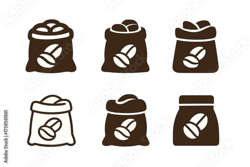 Harmonious Coffee Logos. Sacks of coffee beans. Set Logo of Coffee: coffee beans pile icon. harmonious logo variations of the same emblematic concept, each