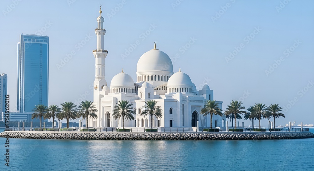 Obraz premium White mosque on island with palm trees