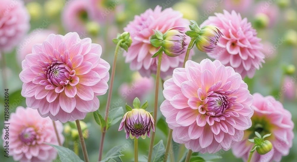Fototapeta premium Soft Pink Dahlias Blooming in a Vibrant Floral Garden Scene