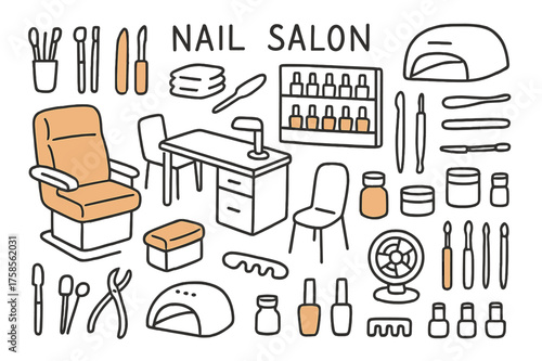Nail Salon Doodle. Nail salon. Hand-drawn doodle illustration nail salon chair accented, manicure table accented, polish display shelf, UV lamp accented, nail