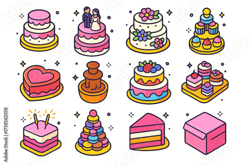 Wedding Cake Icons. Wedding cake. Colorful isometric vector icons set of wedding cake: tiered cake, cake topper couple, floral cake, cupcake tower,