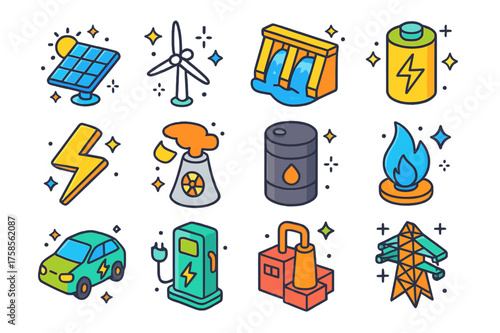 Colorful Energy Icons. Energy. Colorful isometric vector icons set of energy: solar panel, wind turbine, hydro dam, battery, lightning bolt, nuclear power